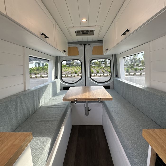 Van interior seating and dining area